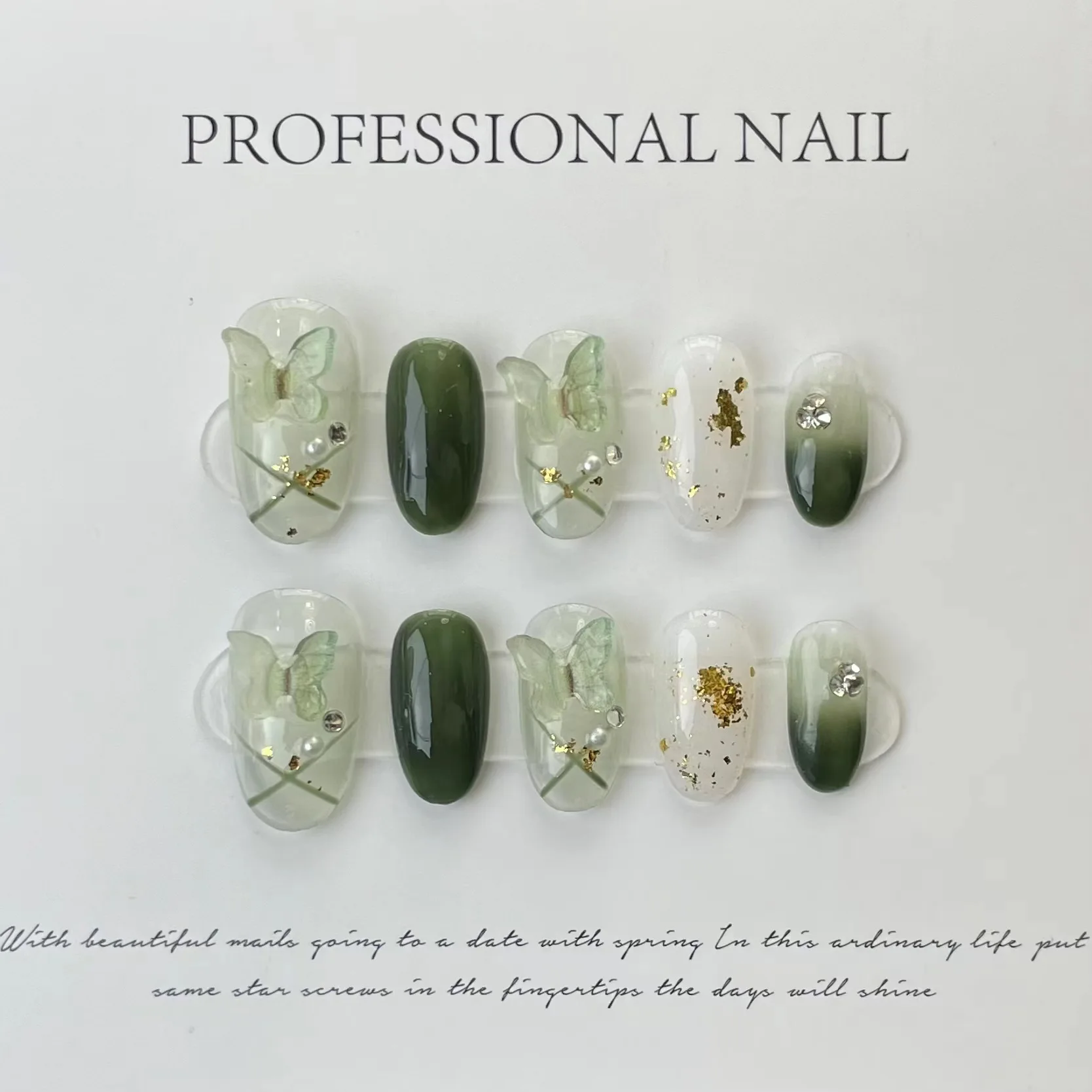 Color: GRAY - 10 pcs Luxury Handmade Press on Nails Middle Ellipse Lvye Elf Design False Nails with 4-PIECE Tool Adhesive Nail Glue Tabs