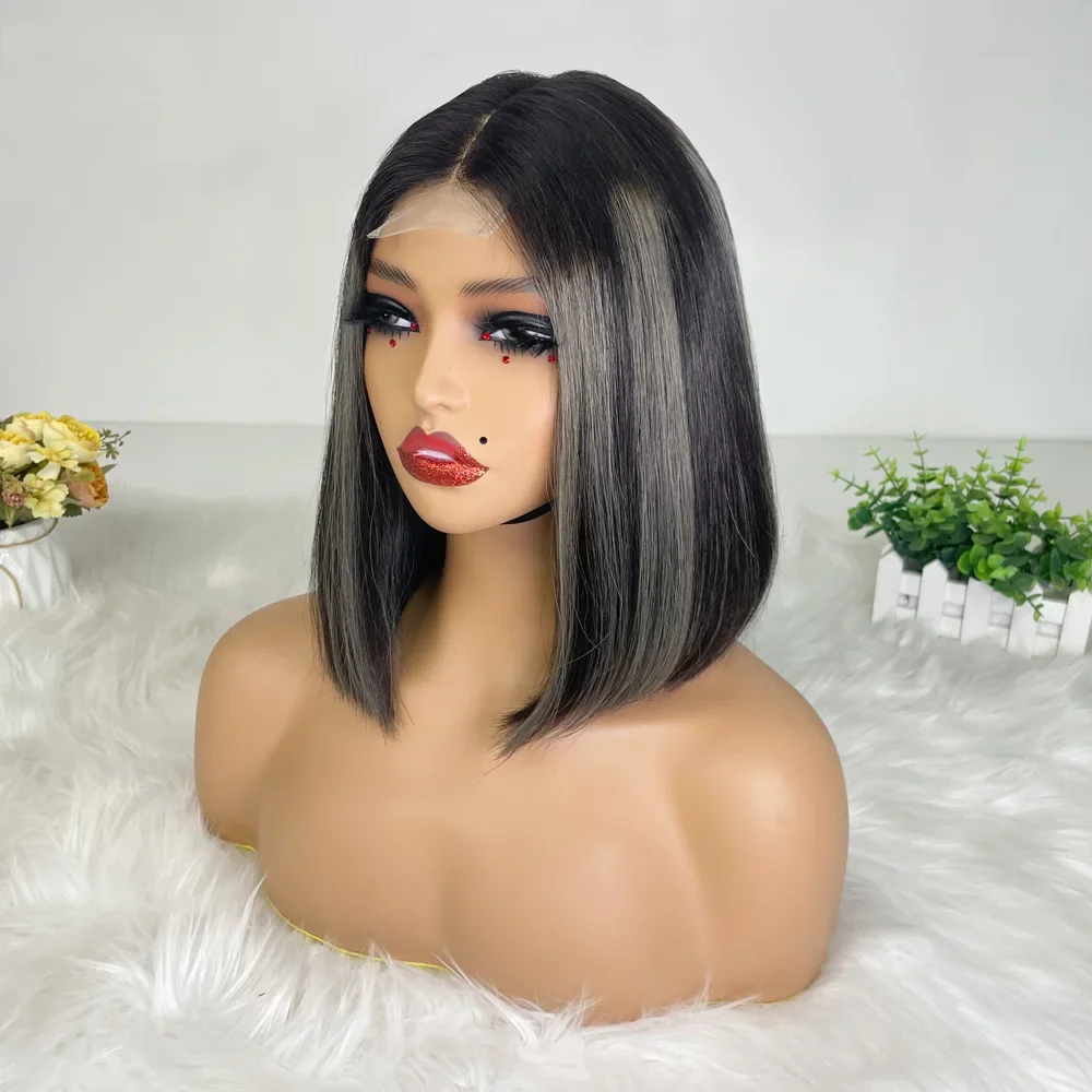 Hair Color: P4/30, Stretched Length: 8inches, Density: 100% - 250% Density Grey 2x6 Lace Closure Wigs Straight Bob Glueless Wig Gray Vietnamese Human Hair Super Double Drawn Wigs Pre Plucked