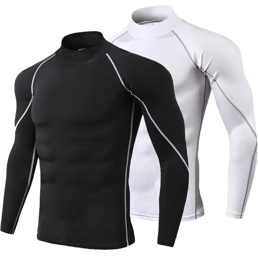 Color: Blue, Size: L - Men's Quick Dry Running T-shirt Workout Compression Shirt Turtleneck Long Sleeve Rash Guard Gym Base Layer Athletic Undershirt