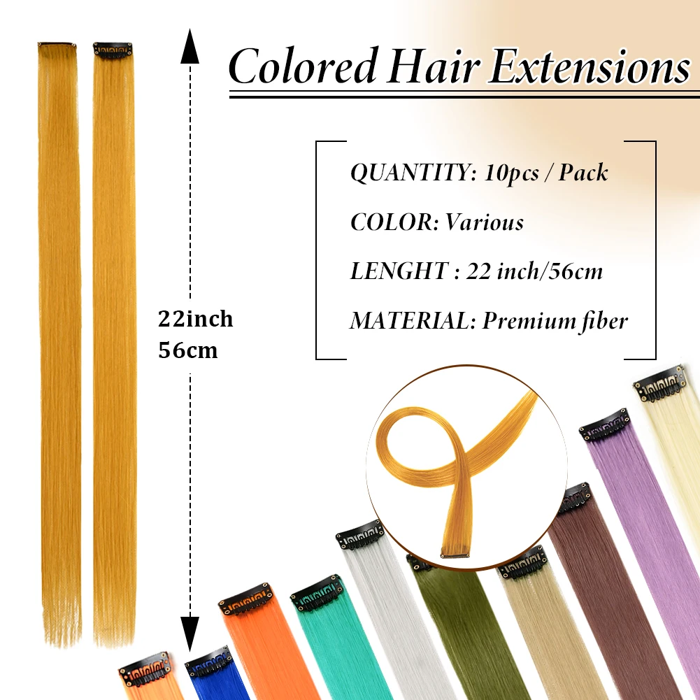 Color: #22, Stretched Length: 22inches, Ships From: CHINA - Synthetic 10 Pcs Straight Hair Extensions Clip in Hairpieces 22 Inch Hightlight Colorful Hair for Women Party Cosplay Gifts