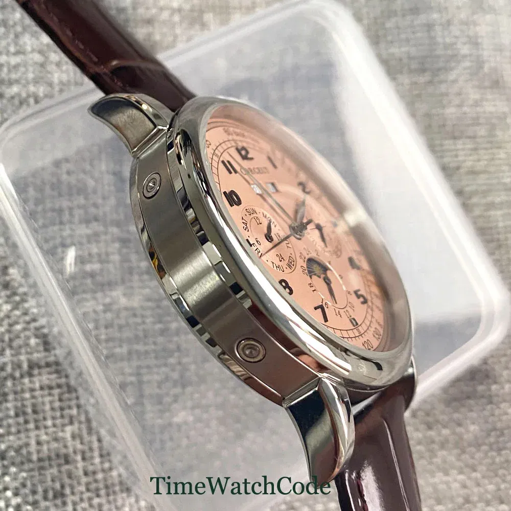Color: Rose - Corgeut 42mm Automatic Men's Watch Date Day Month Year Rose Gold Dial Multifunction 316L Leather Strap Polished Case Day Night