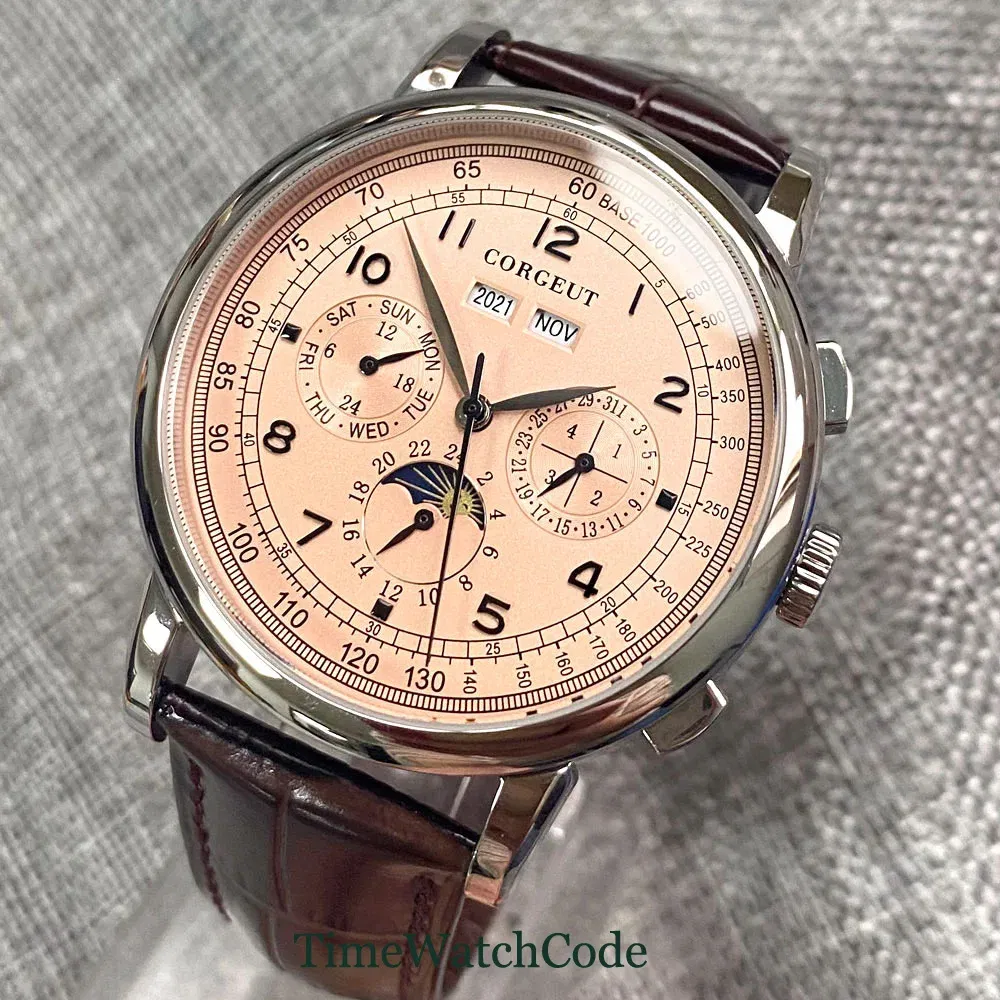 Color: Rose - Corgeut 42mm Automatic Men's Watch Date Day Month Year Rose Gold Dial Multifunction 316L Leather Strap Polished Case Day Night