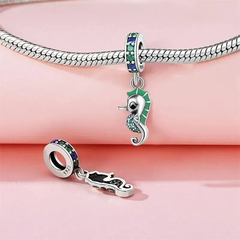 Color: Blue - Fit Original Pandora Bracelet 925 Sterling Silver Seahorse Charms Beads Inlaid Zirconium Temperature Change Pendants Diy Jewelry