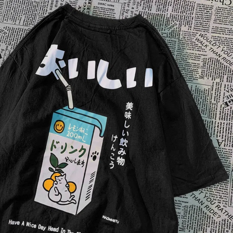 Color: Gold, Size: S - Cute Japanese Cat Print Oversized T-shirt men Women Short Sleeve Loose Casual Tee Shirt Streetwear Tops Cotton Harajuku Clothing