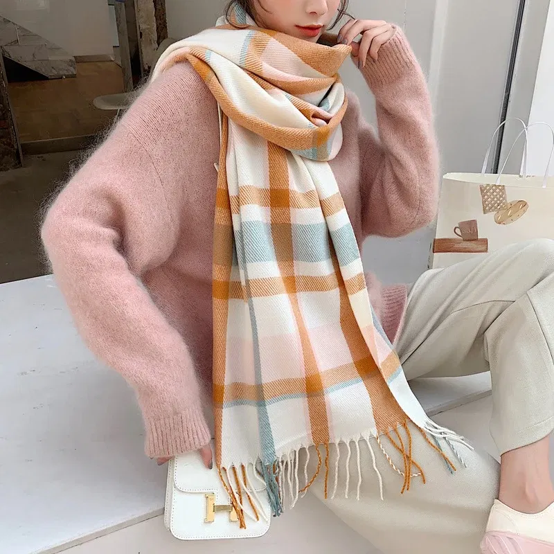 New arrival fashion temperament high quality knit comfortable warm long scarf women tassel outdoor sweet elegant plaid scarf