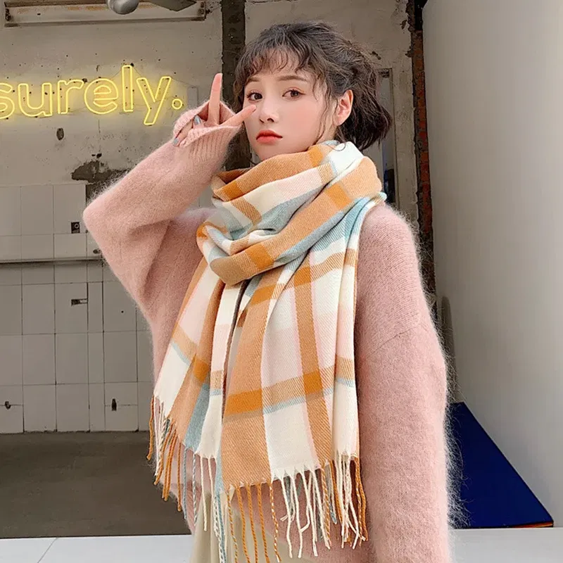 New arrival fashion temperament high quality knit comfortable warm long scarf women tassel outdoor sweet elegant plaid scarf