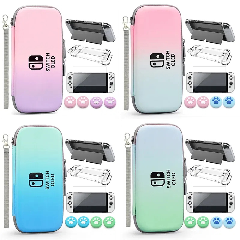 Color: Blue - Case Kit For Nintend Switch OLED Console Carrying Case Protective Pouch Hard Shell Clear Cover For Switch Oled WIth Film Glass