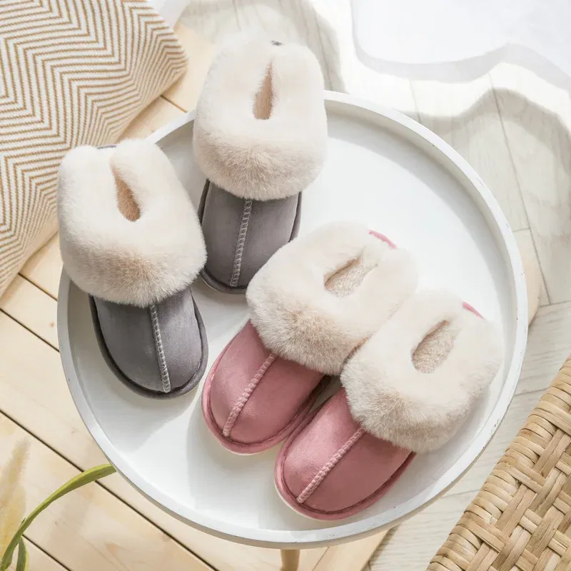 Color: Dark Grey, Shoe Size: 40 - Women's Faux Fur Slippers 2024 New Warm Thicked Plush Bedroom Sandals Woman Comfort Soft Sole Home Couple Winter Shoes Slides
