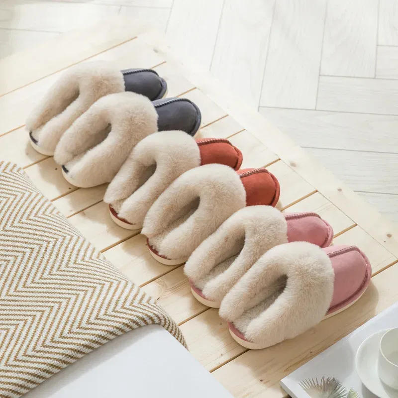 Color: Dark Grey, Shoe Size: 40 - Women's Faux Fur Slippers 2024 New Warm Thicked Plush Bedroom Sandals Woman Comfort Soft Sole Home Couple Winter Shoes Slides