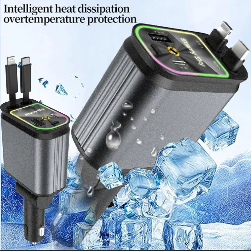 Color Name: black, Ships From: CHINA - 4 in 1 Retractable Car Charger 120W with USB C Lightning Cable Starlight in Auto Roof Fast Charging for IPhone Samsung Phones