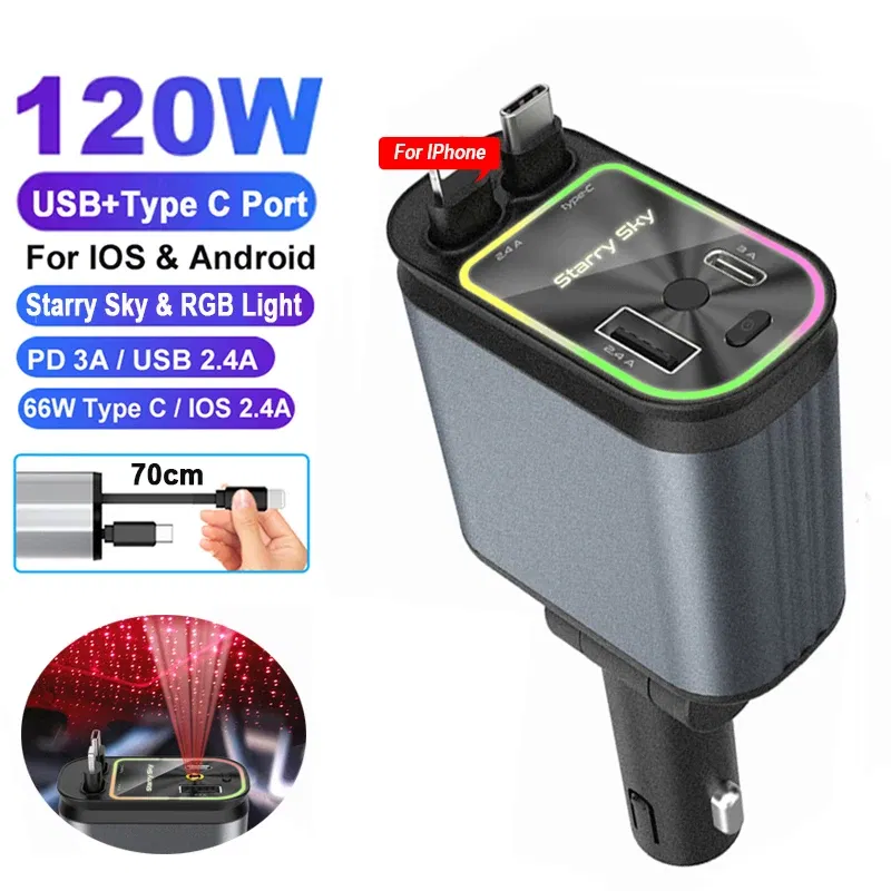 Color Name: black, Ships From: CHINA - 4 in 1 Retractable Car Charger 120W with USB C Lightning Cable Starlight in Auto Roof Fast Charging for IPhone Samsung Phones