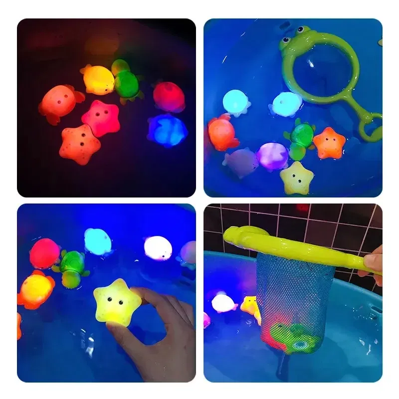 Color: black - Baby Cute Animals Bath Toy Swimming Water LED Light Up Toys Soft Rubber Float Induction Luminous Frogs for Kids Play Funny Gifts