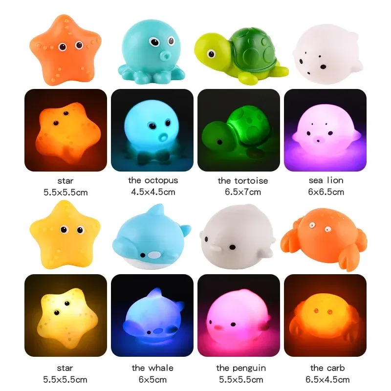 Color: black - Baby Cute Animals Bath Toy Swimming Water LED Light Up Toys Soft Rubber Float Induction Luminous Frogs for Kids Play Funny Gifts