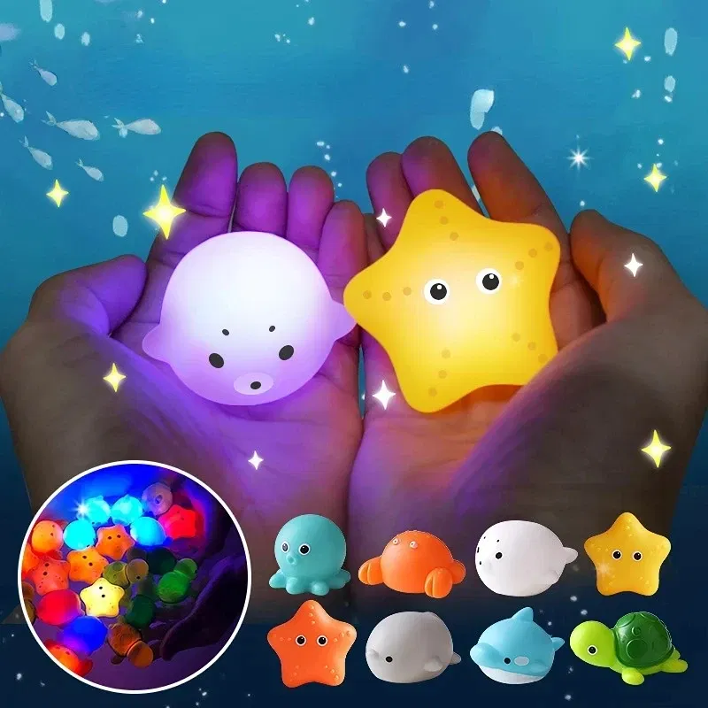 Color: black - Baby Cute Animals Bath Toy Swimming Water LED Light Up Toys Soft Rubber Float Induction Luminous Frogs for Kids Play Funny Gifts