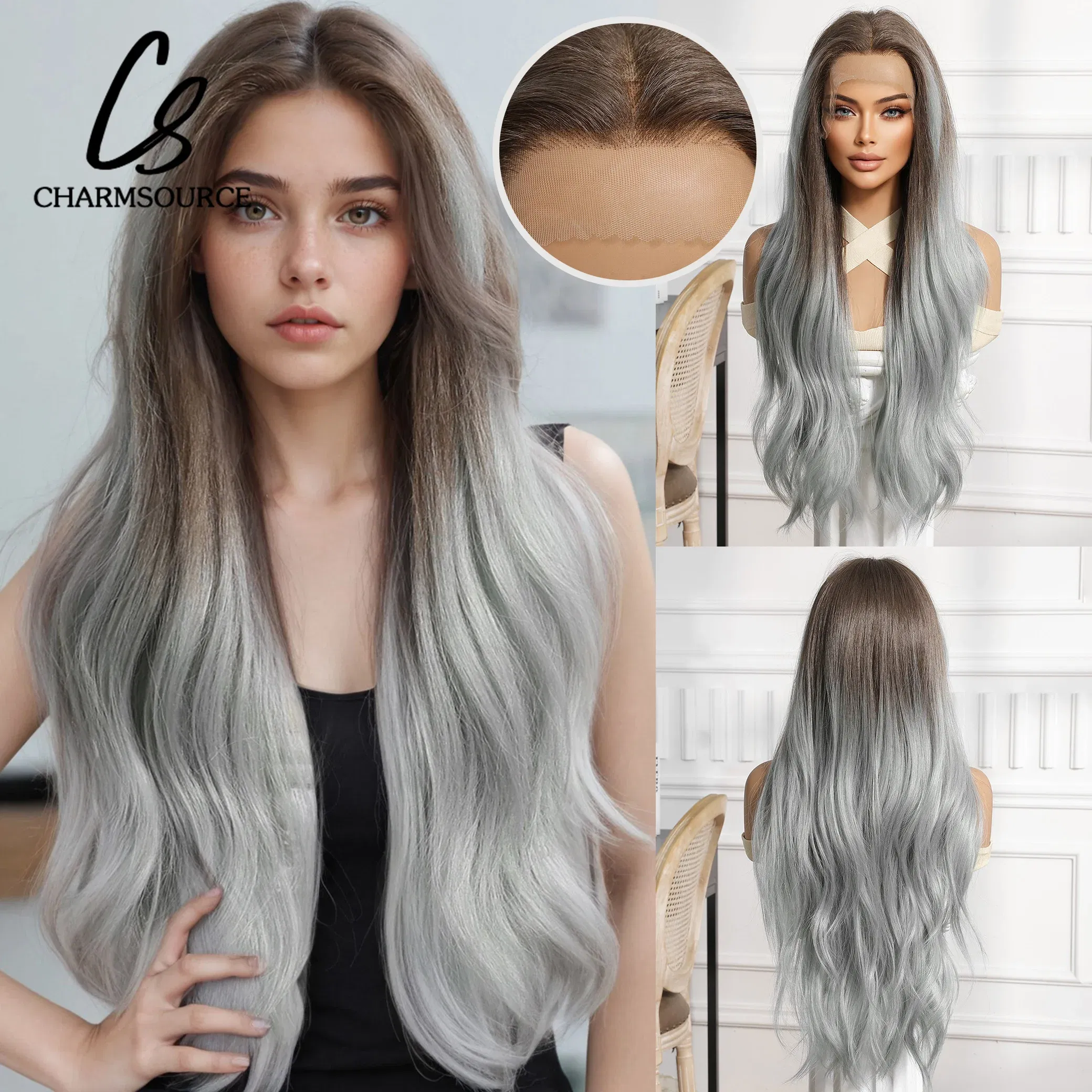 Color: #1, Bulk Buy: 1pc, Density: 150%, Ships From: CHINA - CharmSource 13x6 Lace Wig Long Wavy Brown Gray Wigs with Dark Root for Women Daily Party Cosplay Wedding High Density