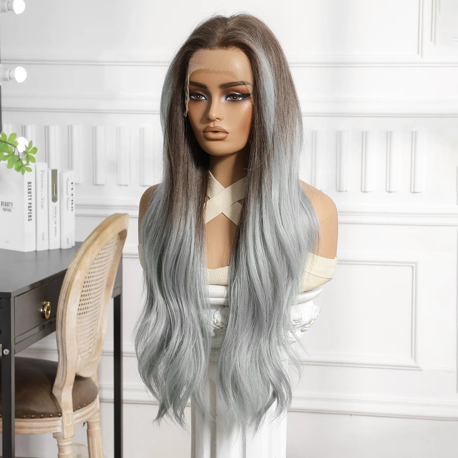 Color: #1, Bulk Buy: 1pc, Density: 150%, Ships From: CHINA - CharmSource 13x6 Lace Wig Long Wavy Brown Gray Wigs with Dark Root for Women Daily Party Cosplay Wedding High Density
