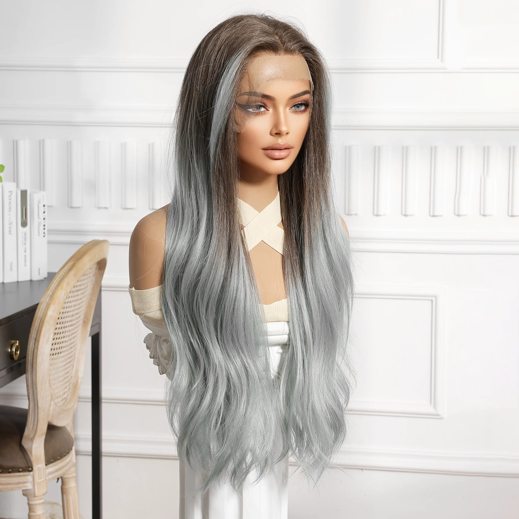 Color: #1, Bulk Buy: 1pc, Density: 150%, Ships From: CHINA - CharmSource 13x6 Lace Wig Long Wavy Brown Gray Wigs with Dark Root for Women Daily Party Cosplay Wedding High Density