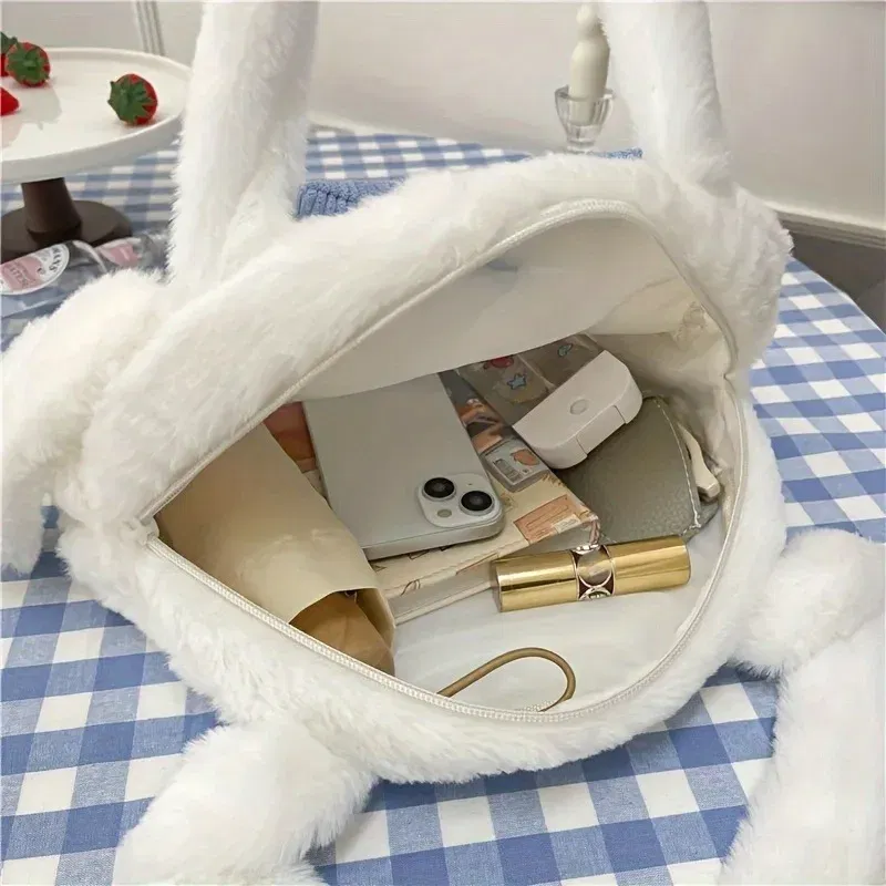 Color: black - Girls Large capacity Cartoon Anime Cozy Fluffy Tote Bag, Kuromi Plush Tote & Shoulder Bag, Cinnamoroll Melody Faux Fur Handbag