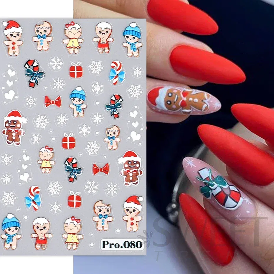 Color: Cream - 5D Embossed Elk Nail Art Sticker Cute Christmas Winter Santa Claus Snowflake Gingerbread Man Engraved Slider Manicure Decoration