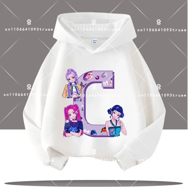 Color: SKY BLUE, Kid Size: 6 - K-pop Demon Hunters Letter A-Z 3-12 Year Old Children Hooded Sweatshirt Girls' Casual Shirt Boys' Sports Shirt Cartoon Print