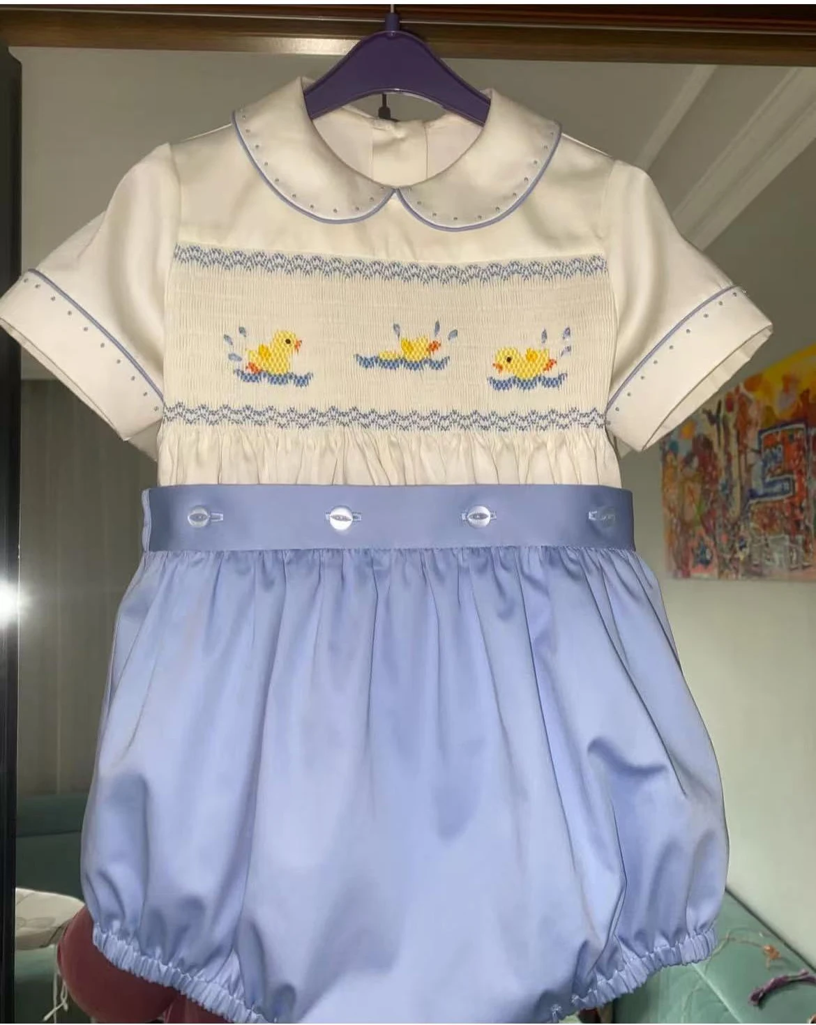 Kid Size: 6T - 0-4Y Baby Boy Summer Short Sleeves Yellow Ducks Handmade Embrodery Smocked Outfit Suit for Party Birthday Holiday A120