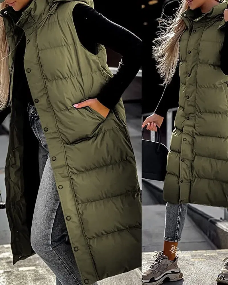 Color: Orange, Size: M - Hooded Zipper Jacket Women Oversize Waistcoat Winter Outerwear Hooded Parka Fashion Quilted Vest Casual