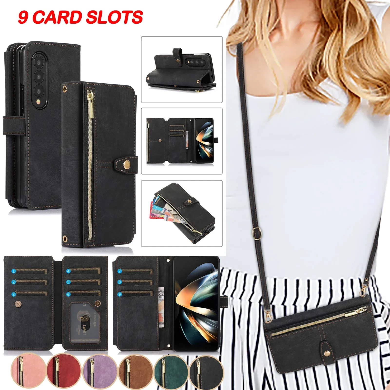 Color: Blue, Material: Cotton - Crossbody Wallet Phone Case for Samsung Galaxy Z Fold 6 5 4 3 Fold5 Fold4 Fold6 5G Card Holder Stand Lanyard Flip Leather Cover