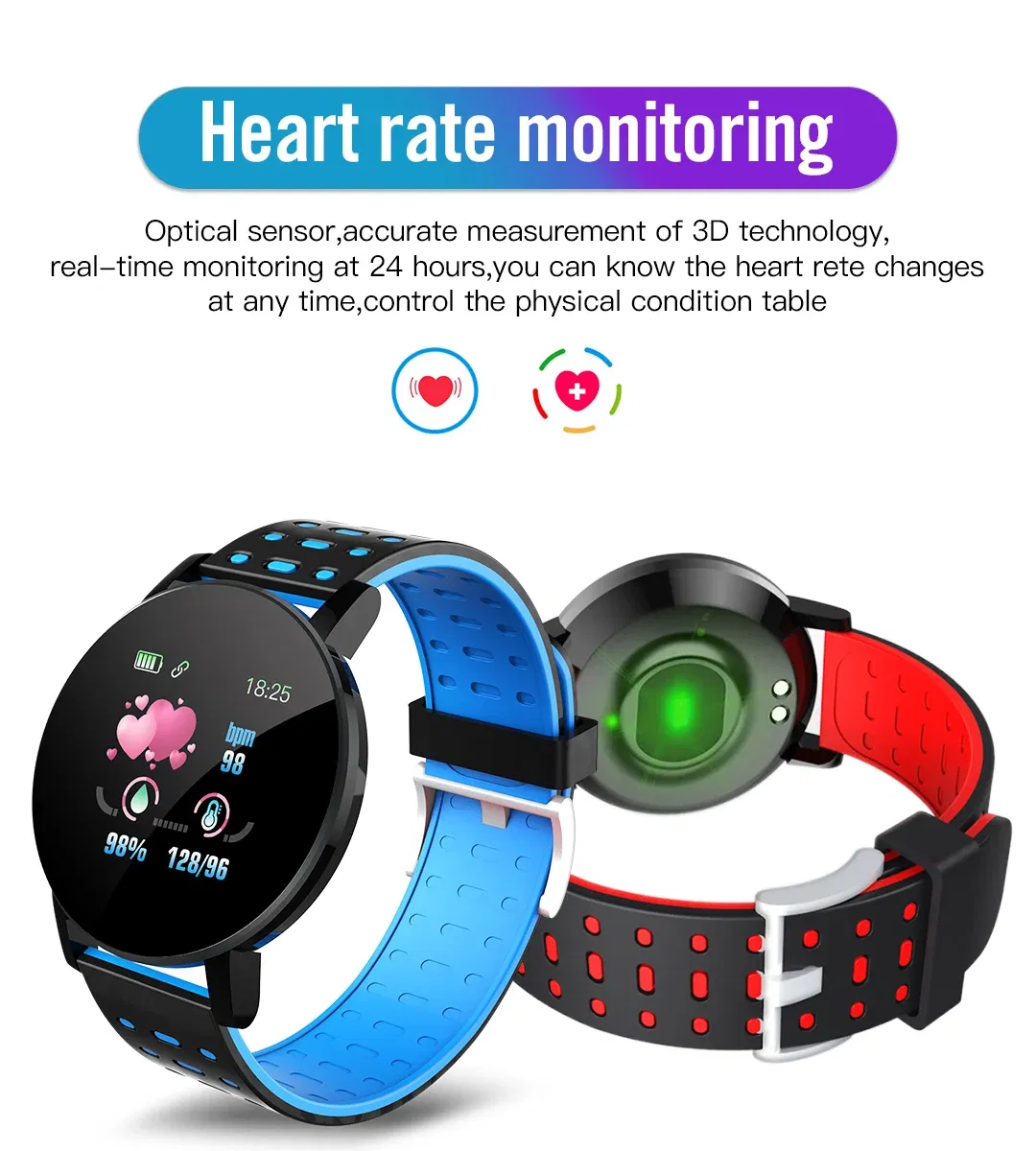Color: black - 119S Smartwatch Bluetooth Smart Watch Men Blood Pressure Women Smart Band Clock Sports Fitness Tracker Watch For Android IOS