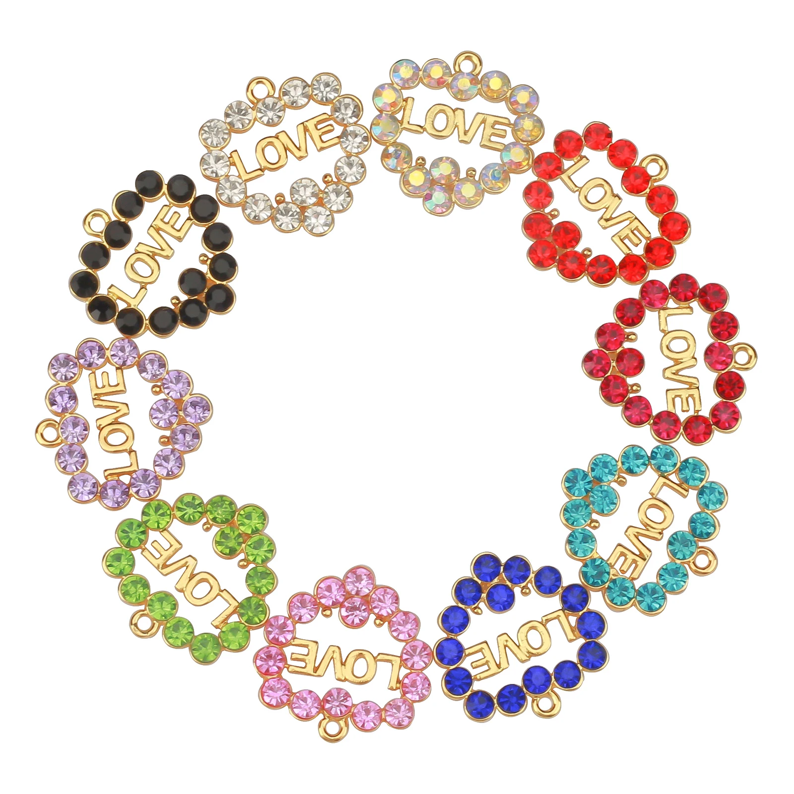 Metal color: SILVER PLATED, Ships From: CHINA - 10pcs Love Heart Charms with Rhinestone Fit for Bracelet Bangle Making DIY HT0072-HT0073
