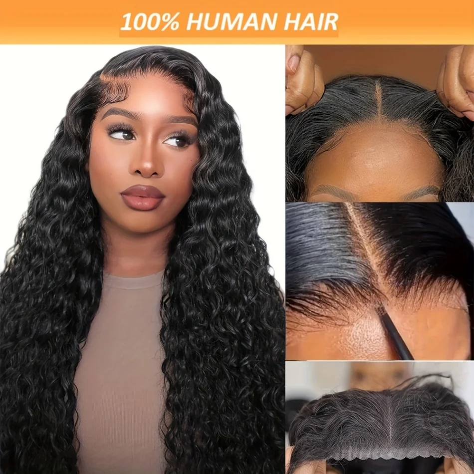 Stretched Length: 24inches, Hair Color: #12, Density: 180%, Ships From: CHINA - Glueless Wig Human Hair Ready To Wear Water Wave Lace Front Wig 4x4 5x5 Lace Closure Black Wig Curly HD Lace Frontal Human Hair