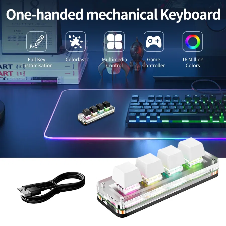 Color: Khaki - Programming Macro Mechanical Keyboard RGB Mini Gaming Custom Macropad 4 Keys Keypads For PS Copy Paste Hotswap Keypad USB Wired