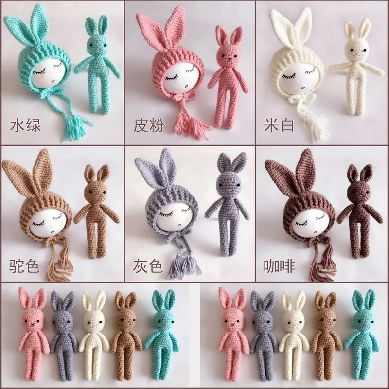 Color: Red - Newborn Photography Props Posing Doll Handmade Woolen Bunny Doll Cap Bear Cartoon Toy Baby Photoshoot Prop Accessorie Fotografia