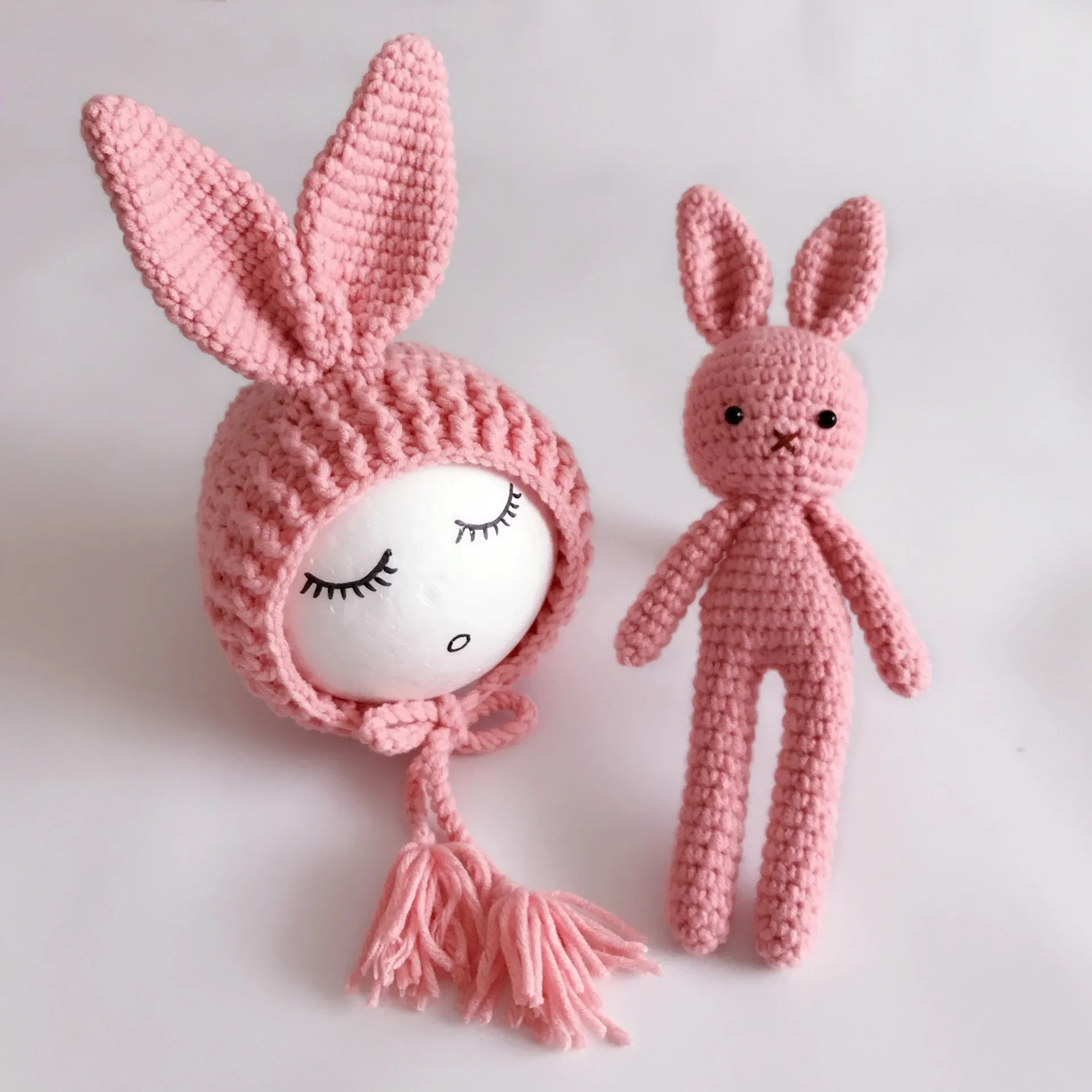 Color: Red - Newborn Photography Props Posing Doll Handmade Woolen Bunny Doll Cap Bear Cartoon Toy Baby Photoshoot Prop Accessorie Fotografia