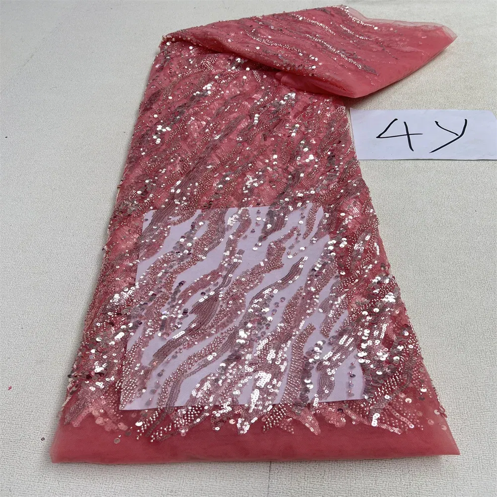 Color: Light Green, Length: 5 yards, Width: 120cm - 2025 African Nigerian Tulle Lace Fabric Sequins Sewing Guipure Beads Stone Embroidery Dresses High Quality 4 Yards