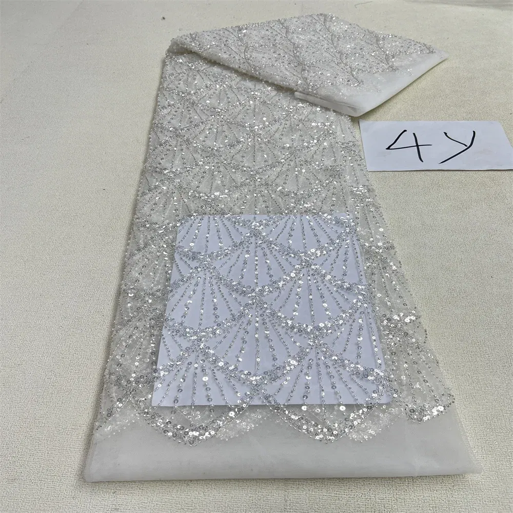 Color: Light Green, Length: 5 yards, Width: 120cm - 2025 African Nigerian Tulle Lace Fabric Sequins Sewing Guipure Beads Stone Embroidery Dresses High Quality 4 Yards