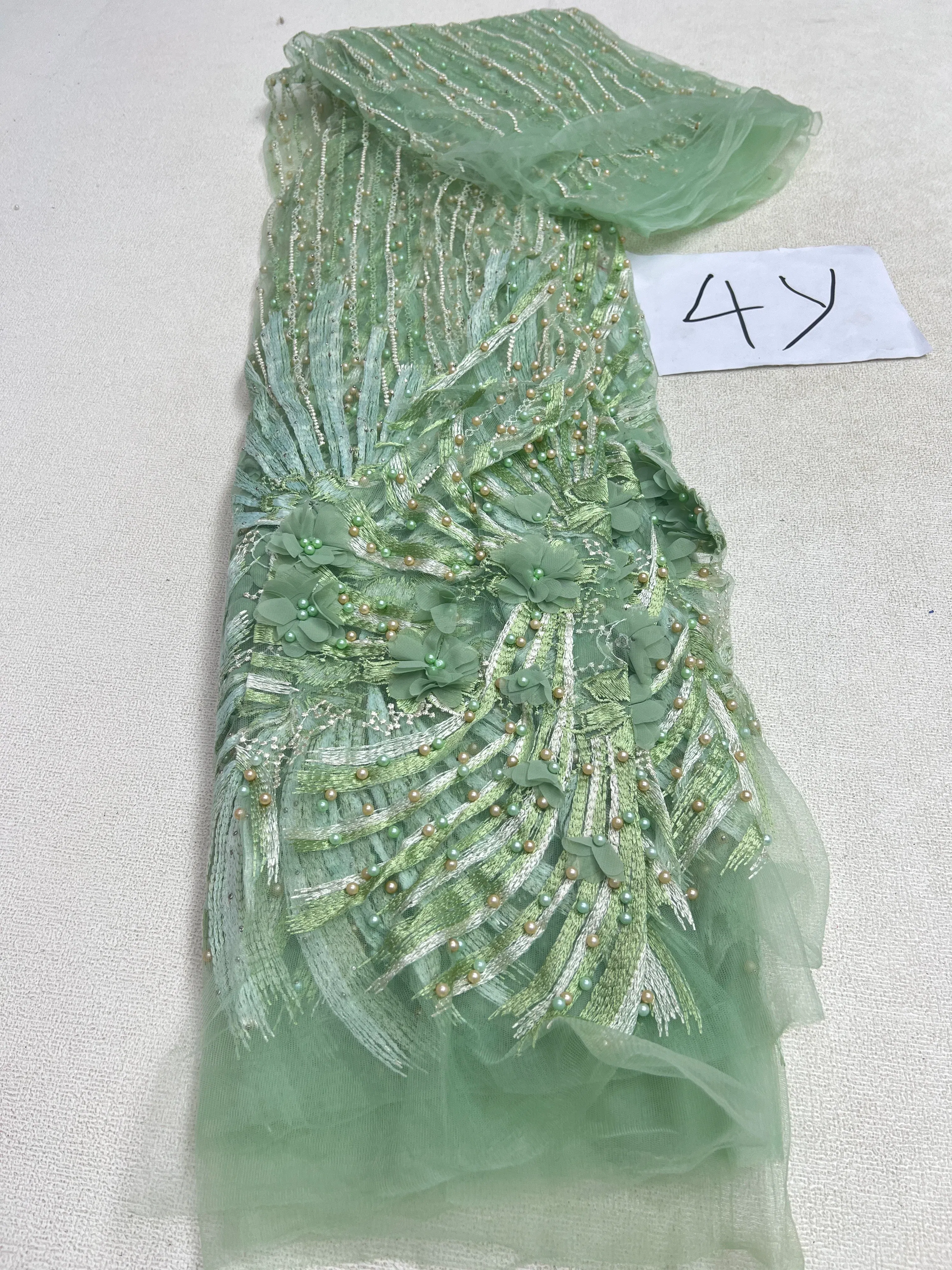 Color: Light Green, Length: 5 yards, Width: 120cm - 2025 African Nigerian Tulle Lace Fabric Sequins Sewing Guipure Beads Stone Embroidery Dresses High Quality 4 Yards