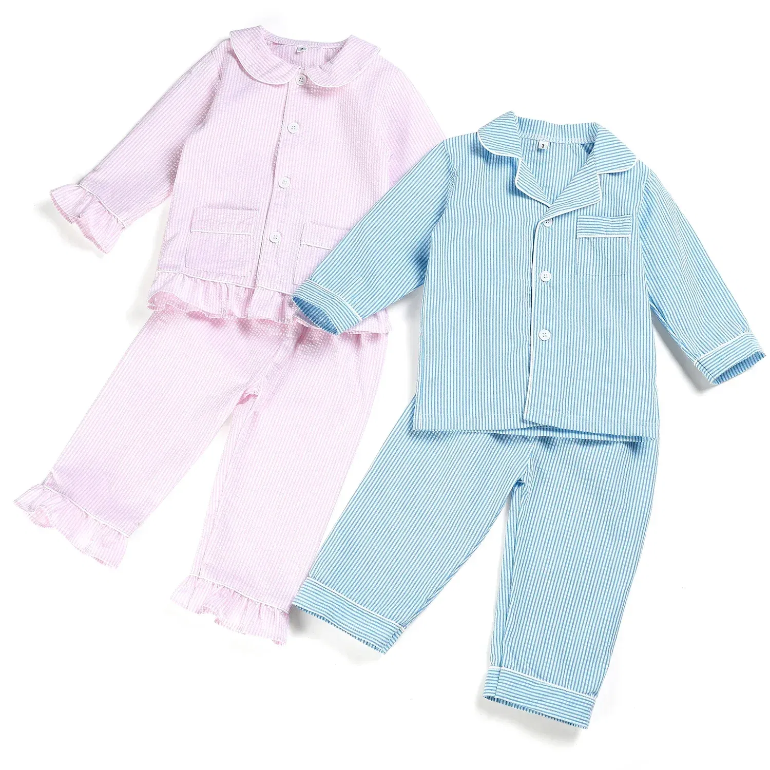 Color: green, Ships From: CHINA, Kid Size: 10T - Ruffkids 100% Cotton Summer Kids Pajamas Sleepwear Seersucker Striped Matching Pjs Boys Clothes Loungewear Girls Pyjamas Set