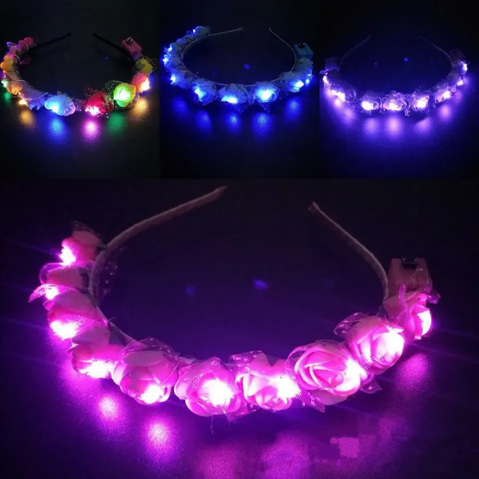 Color: Yellow - Luminous Rose Flower Headband LED Light up Wreath for Women Girl Bridal Wedding Party Hairband Christmas Valentine's Day Gifts
