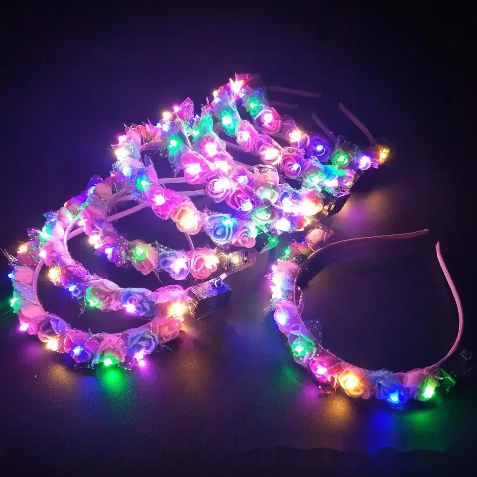 Color: Yellow - Luminous Rose Flower Headband LED Light up Wreath for Women Girl Bridal Wedding Party Hairband Christmas Valentine's Day Gifts