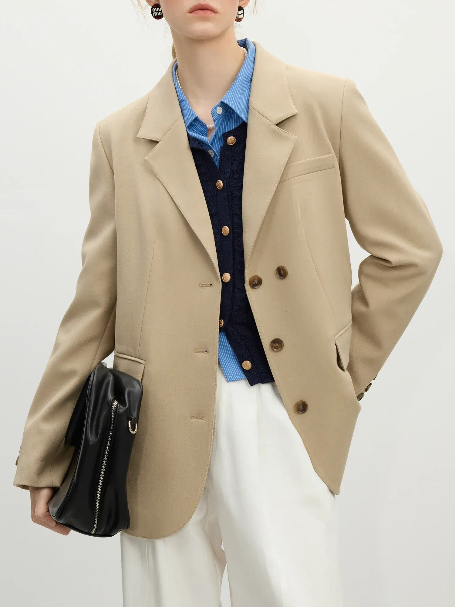 Color: black, Size: S - FSLE Women Khaki Blazer 2025 Spring New Office Lady Black Simple Loose Front Shoulder Blazer Coats Button Design Coat 25FS11071