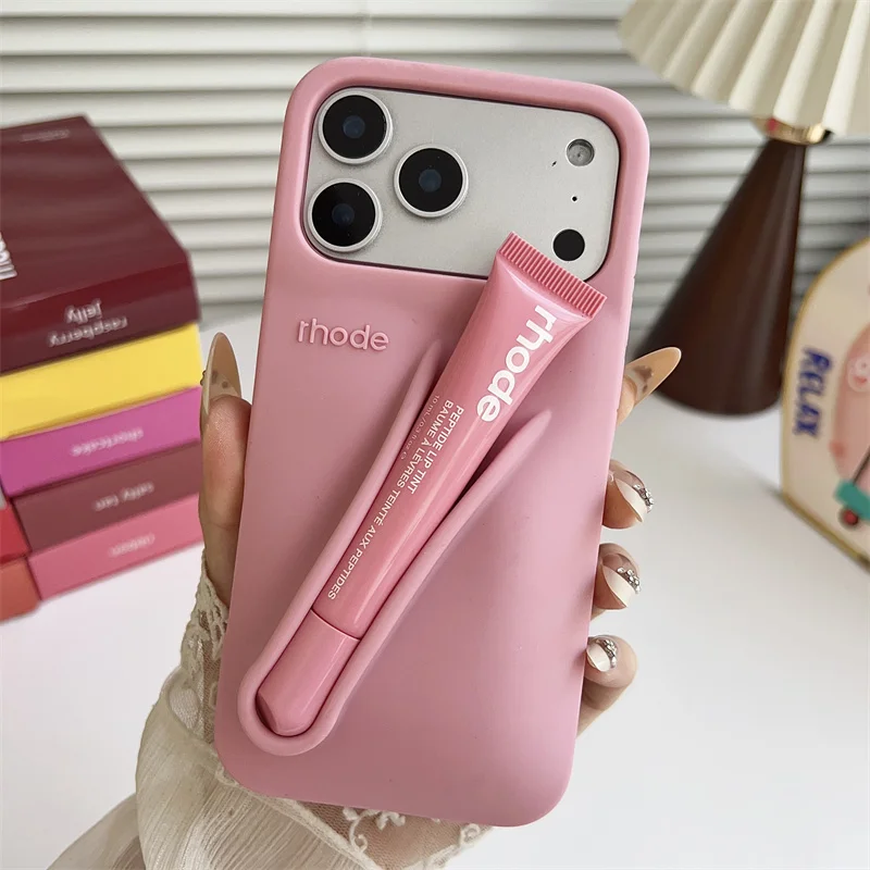 Material: EVA, Color: black, Bundle: Bundle1 - With Lipstick Phone Case for iPhone 17 13 14 15 16 17 Pro Max Plus 12 17 Air Silicone Lip Gloss Holder Hot INS Soft Cover Funda