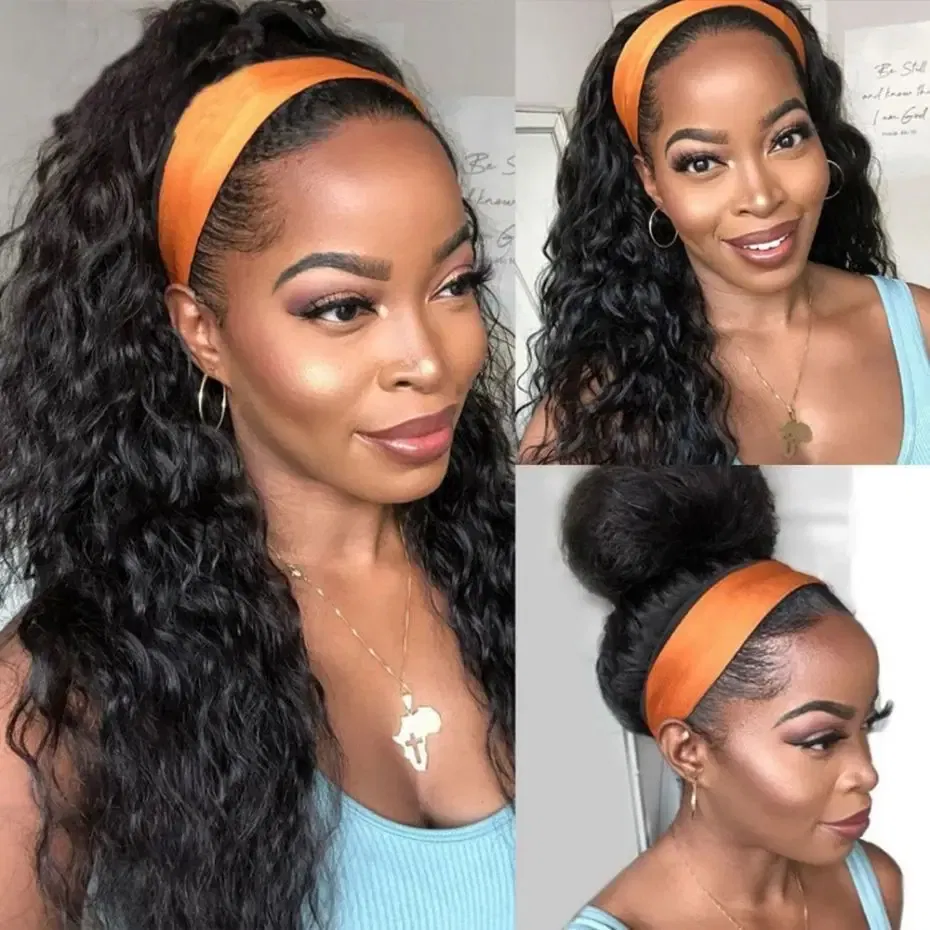 Stretched Length: 22INCHES, Density: 180% - Deep Wave Headband Wig Indian Human Hair Full Machine Made Wigs 200 Density For Women Easy Go Water Scarf Wigs 12-24 Inch Wig