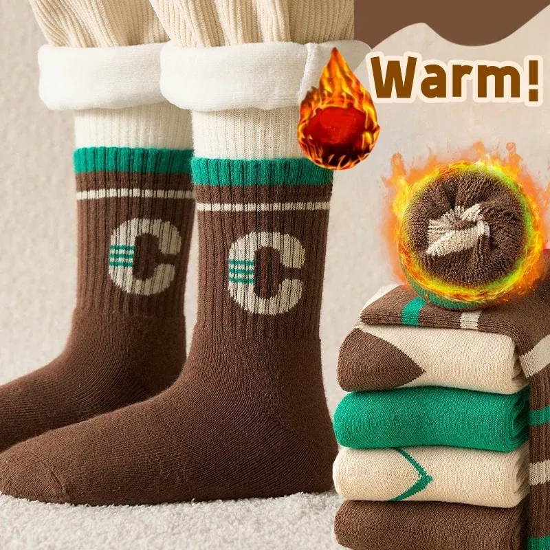 Color: black, Size: 7-9T - 5 Pairs/lot Children's Winter Socks Warm Baby Child Thicken Cotton Socks Boys Terry Socks Letter Pattern Thermal Socks