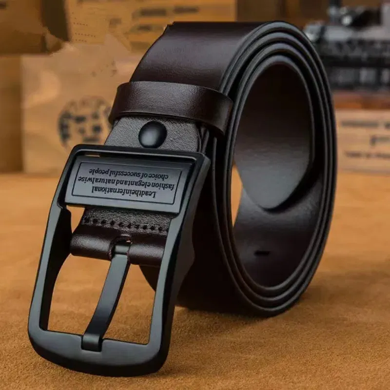 Color: WHITE, Belt Length: 110cm - New Leather Cowhide Men's Belt Fashion Metal Alloy Pin Buckle Adult Luxury Brand Jeans Business Casual Waist Male Strap Brand