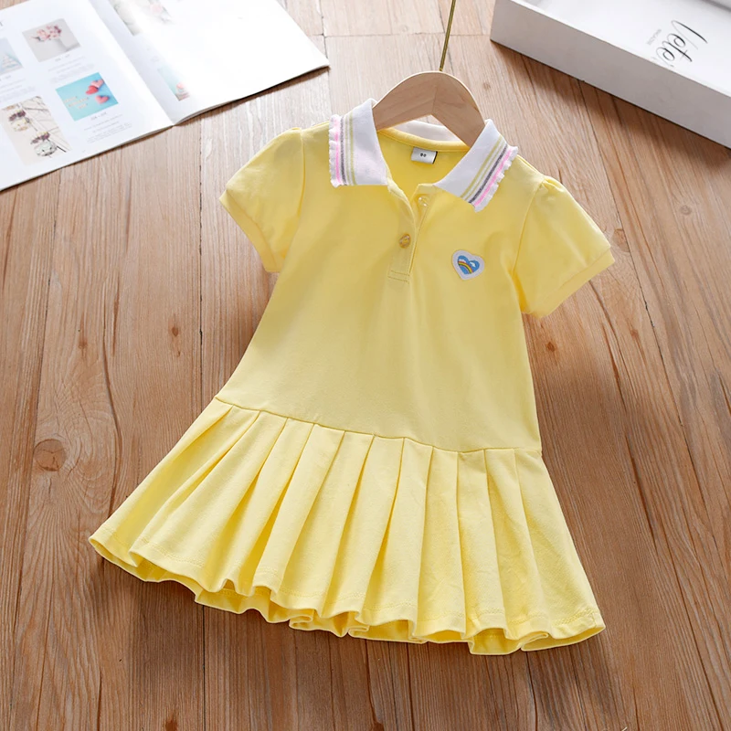 Color: Beige, Kid Size: 5 - Toddler Girls' Dress Ages 2-6 Yellow Collared Summer Cotton Clothes for Children Cute Casual Outfit