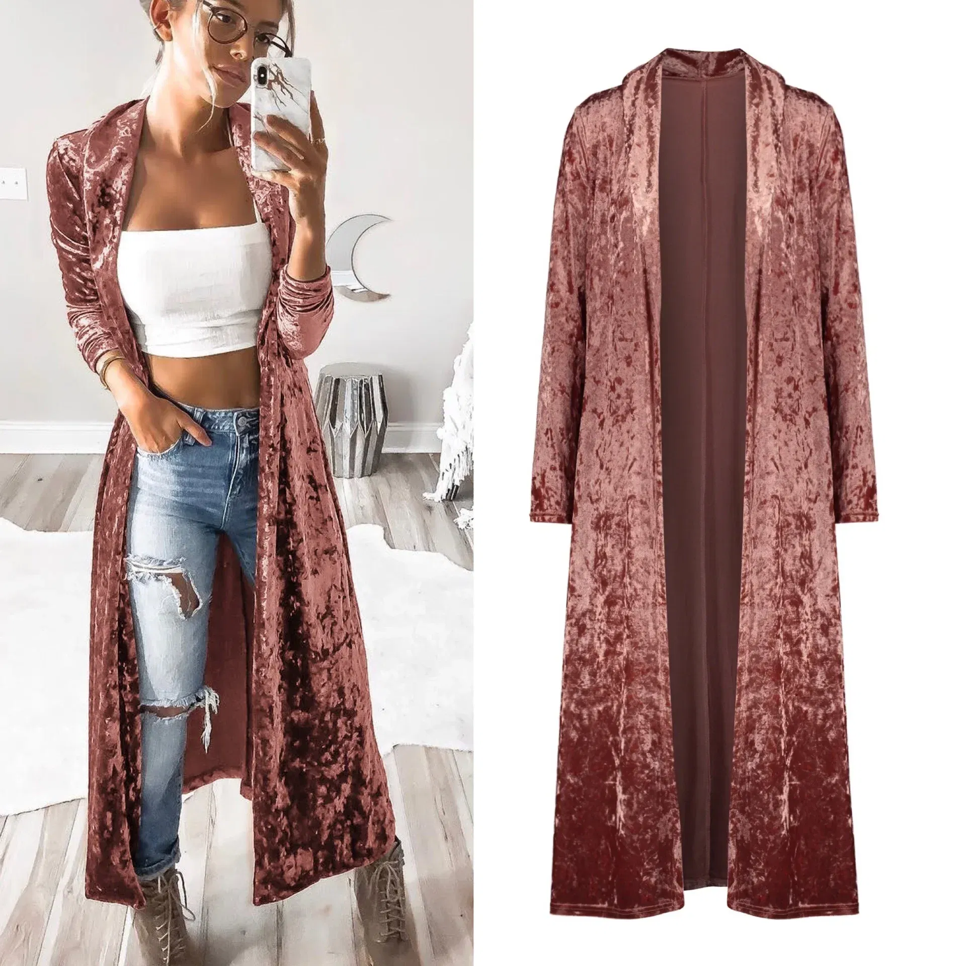 Color: Red, Size: S - 2024 Long Velvet Kimono Cardigan Windbreaker Women Jacket Pure Color Fashion Long Sleeve Casual Ladies Long Jacket Trench Coat