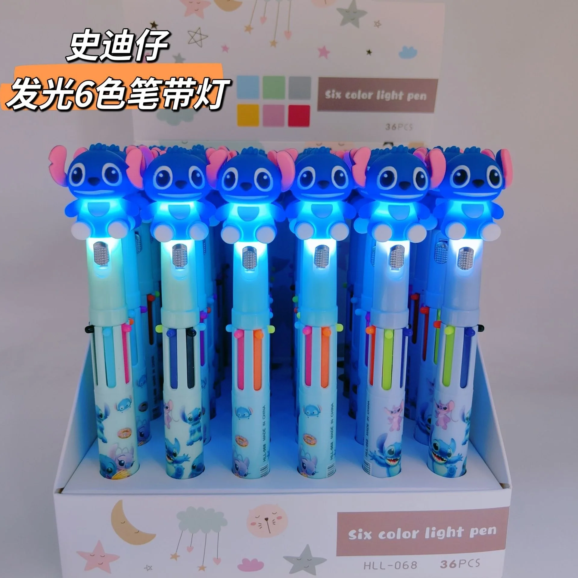 New Disney Stitch Glowing 6 Color Pen Cartoon Multicolor Ballpoint Pen with Light Cute Shape Student Stationery Writing Tools
