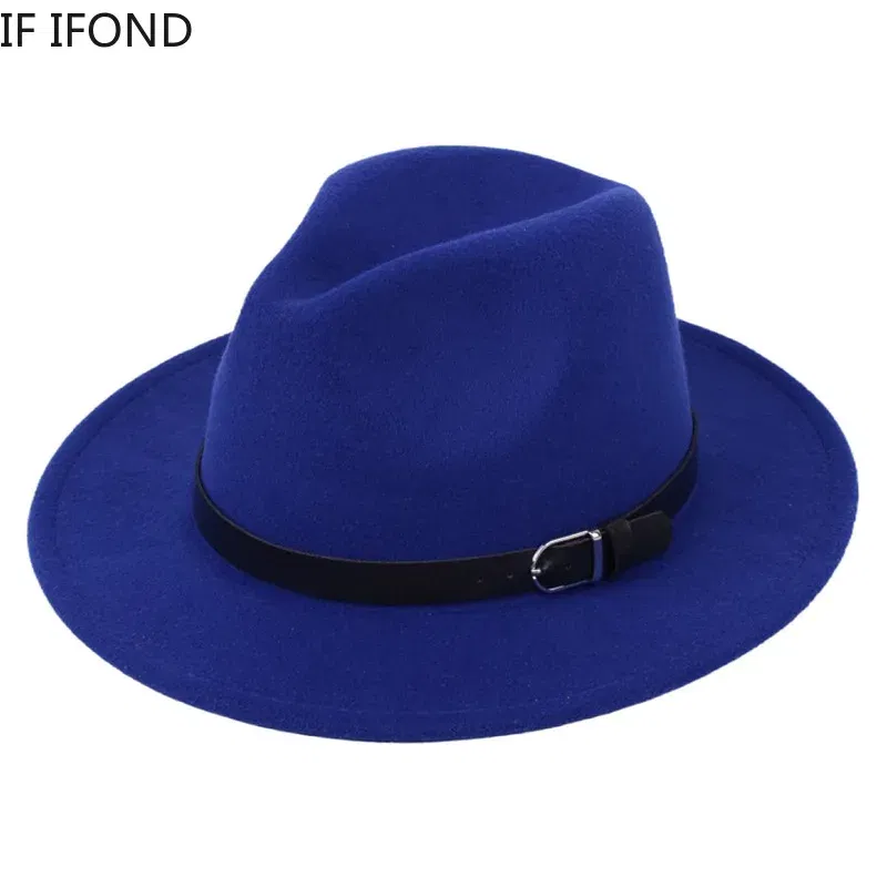 Color: Blue, Size: M - Classic British Fedora Hat Men Women Imitation Woolen Winter Felt Hats Fashion Jazz Hat Chapeau Wholesale