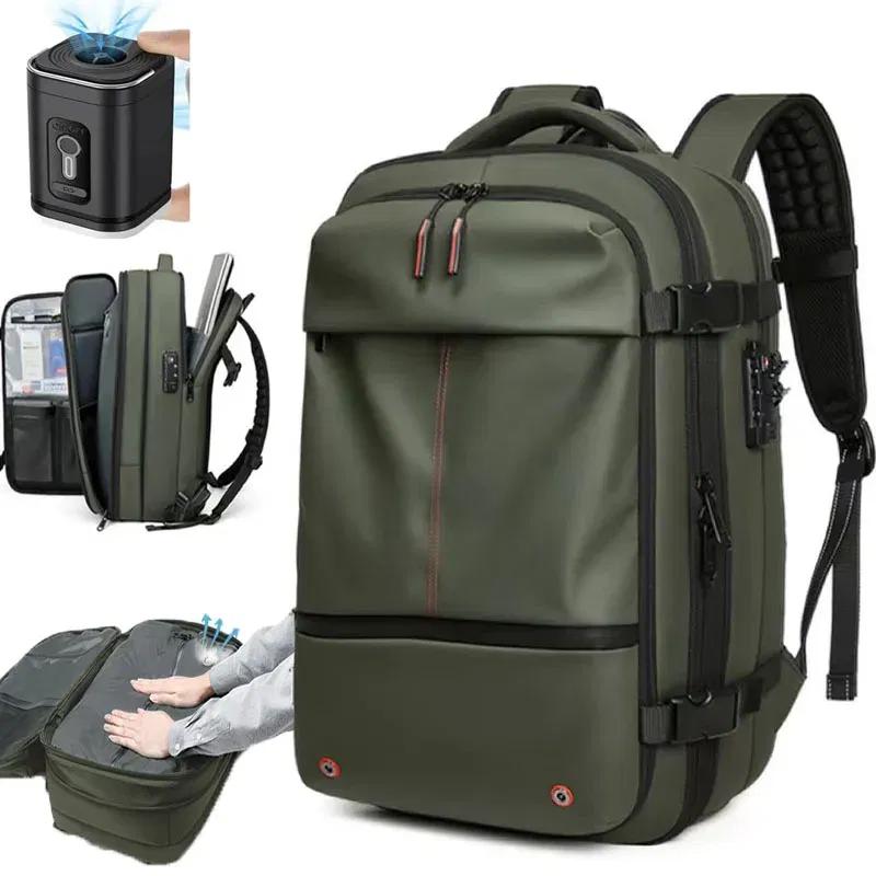 Color: Blue - Vacpack Vacuum Compression Backpack Airback with Pump Men Waterproof Expandable Carry On Travel Backpack 17 inch Laptop Backpack
