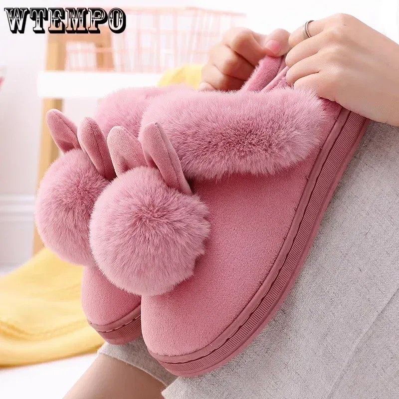 Color: Grape, Shoe Size: 3.5 - WTEMPO Fluffy House Shoes Women Winter Warm Slippers Cute Rabbit Ears Female Furry Plush Slippers Home Indoor Ladies Soft Shoes